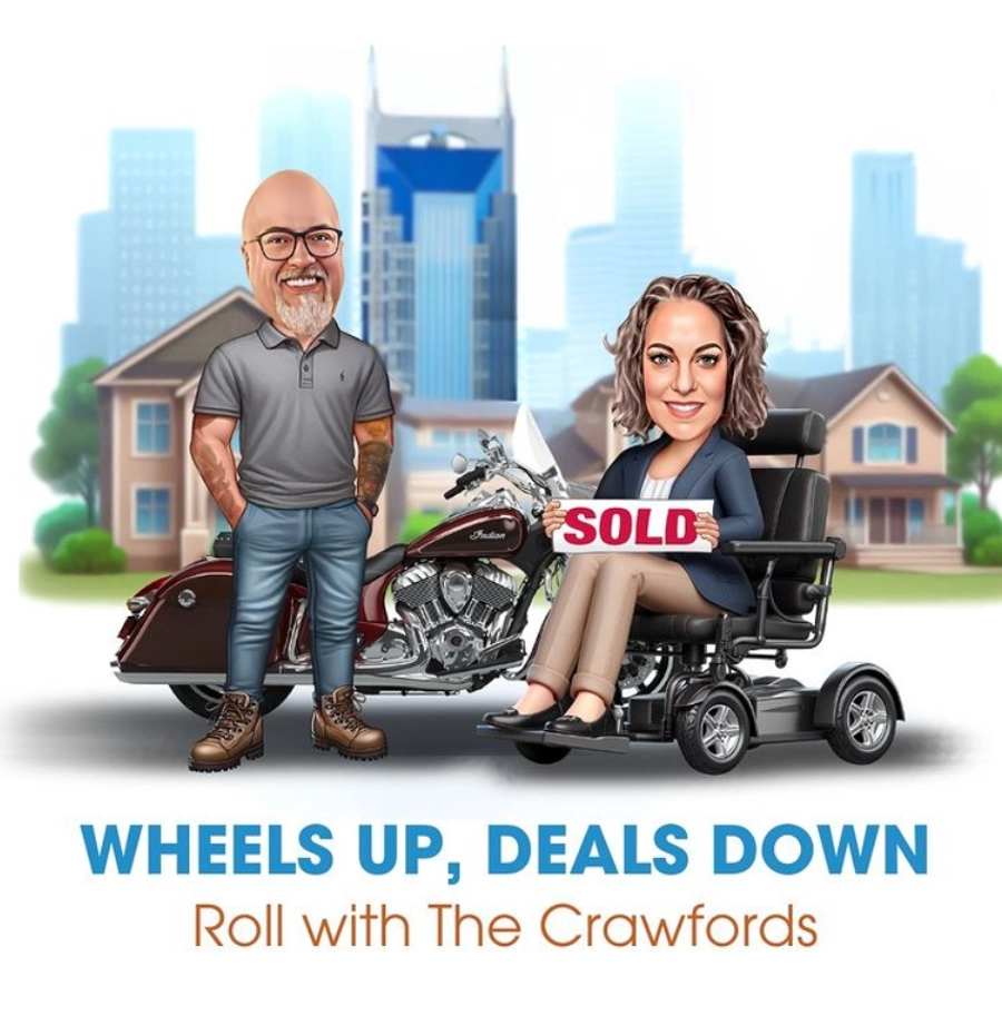 Fun, caricature, marketing image of James & Stephanie Crawford